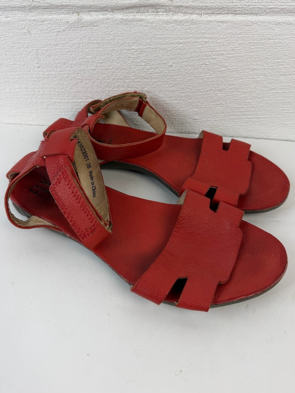 Fly London Red Flat Ankle Strap Sandals, 36
